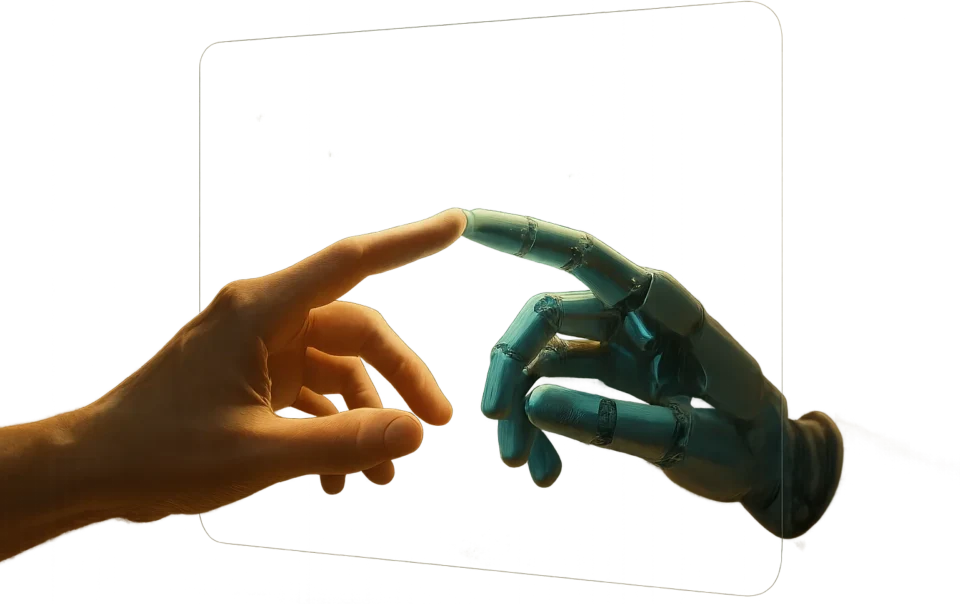 Illustration of a human hand connecting with robotic fingers symbolizing responsible AI adoption and human-tech synergy.